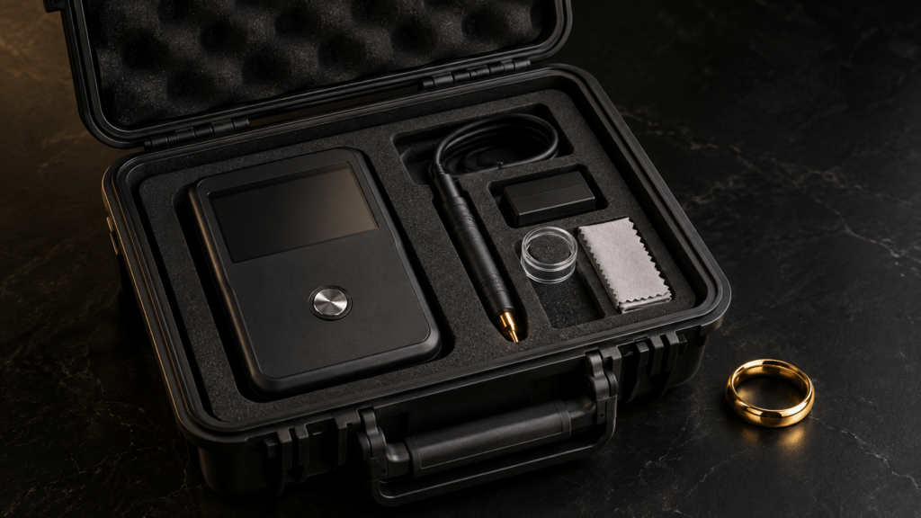 Illustration of a gold tester and detachable probe in a fitted protective case.