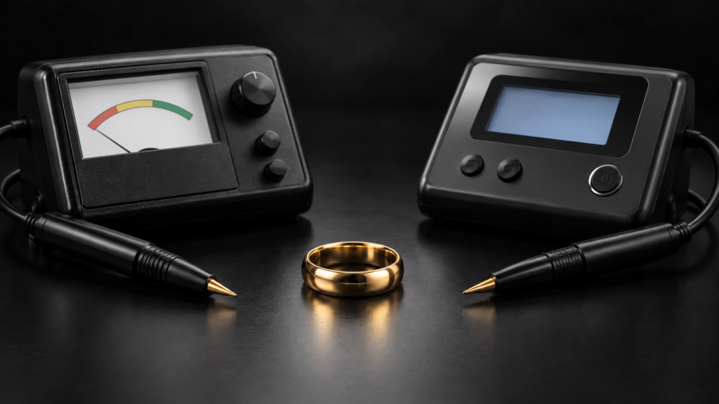 Illustration of two electronic gold testers with pen probes and a gold wedding band.