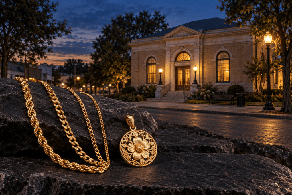 Gold chains and floral pendant with a Lavonia-inspired view of the historic Carnegie Library