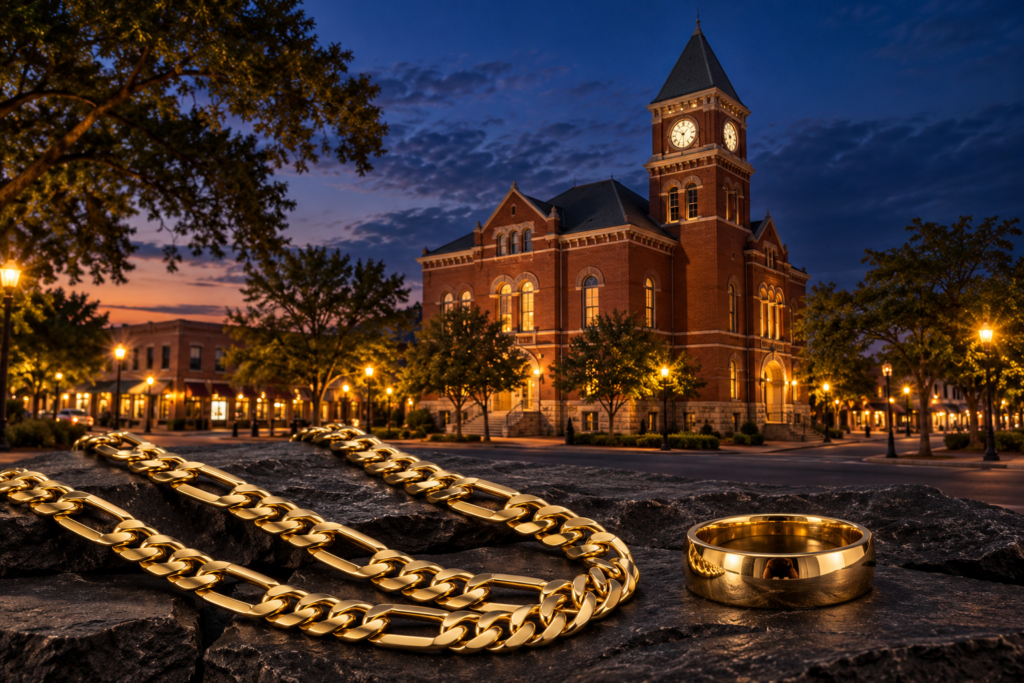 Gold Figaro chain and wedding band with a Lawrenceville courthouse-inspired clock tower at dusk
