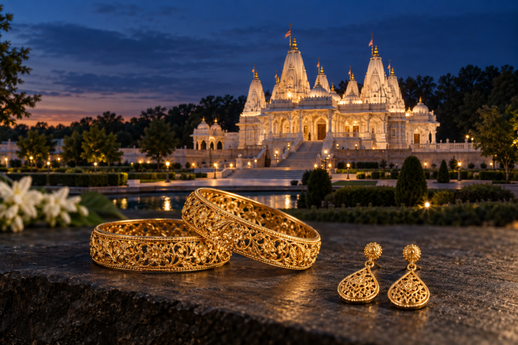 Filigree gold bangles and drop earrings with a Lilburn BAPS Mandir-inspired backdrop at dusk