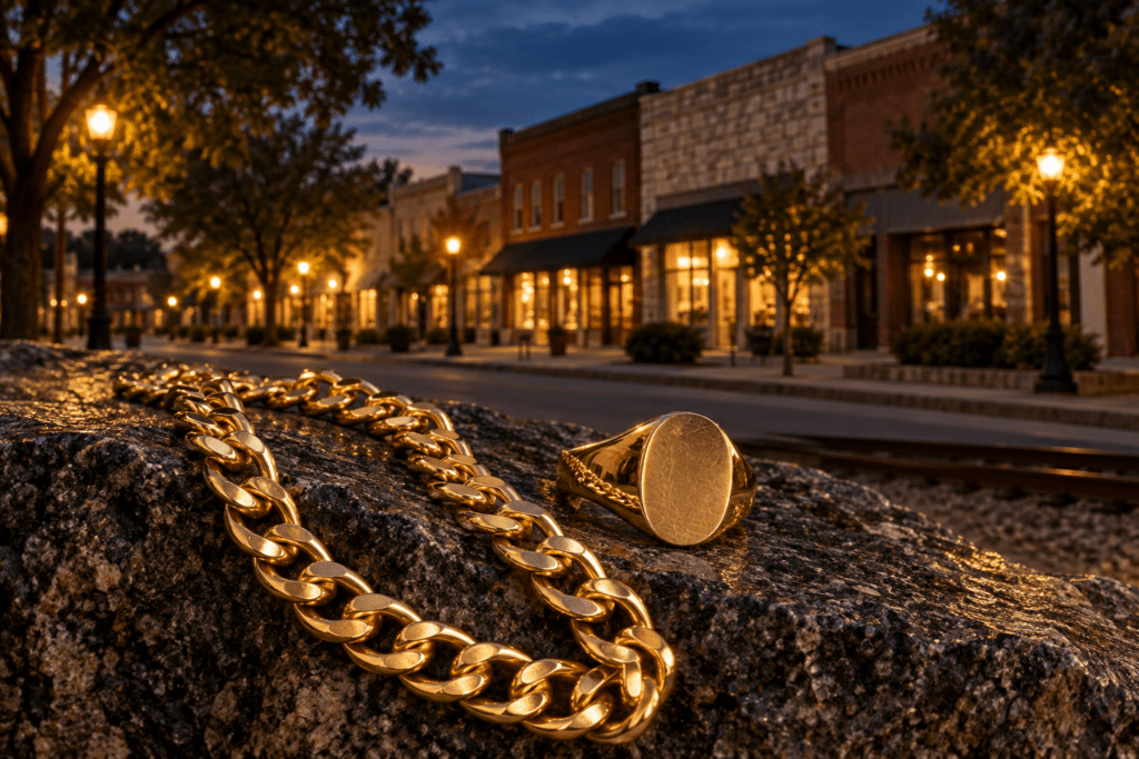 Gold curb chain and signet ring on granite with a historic Lithonia Main Street-inspired backdrop