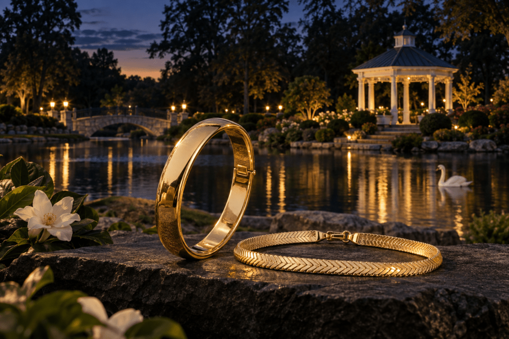 Gold hinged bangle and herringbone bracelet with a garden lake scene inspired by Loganville's Vines Park