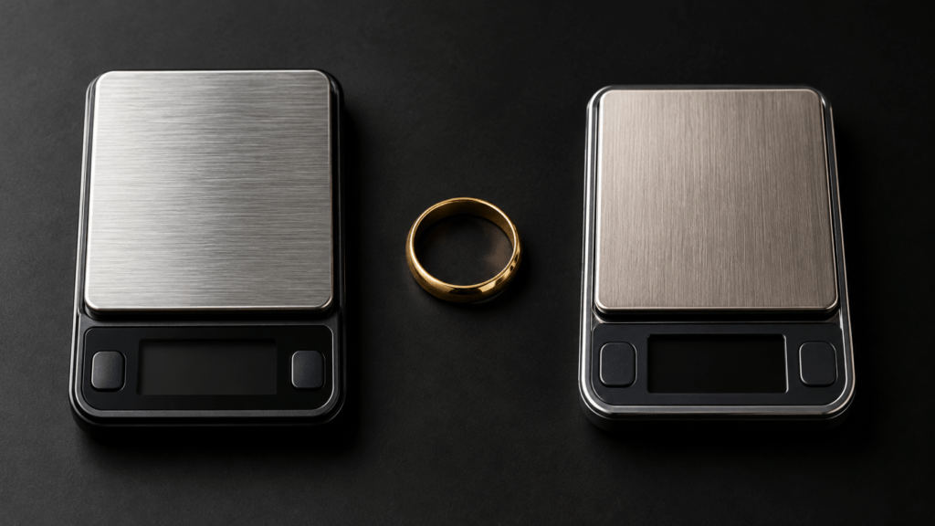 Two compact pocket scales with different platforms beside a gold ring.