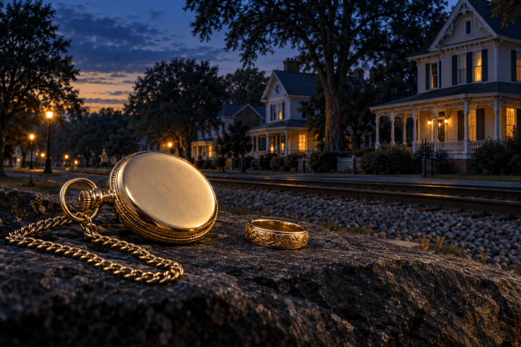 Closed gold pocket watch, chain and ring with Victorian homes inspired by Maysville's railroad heritage