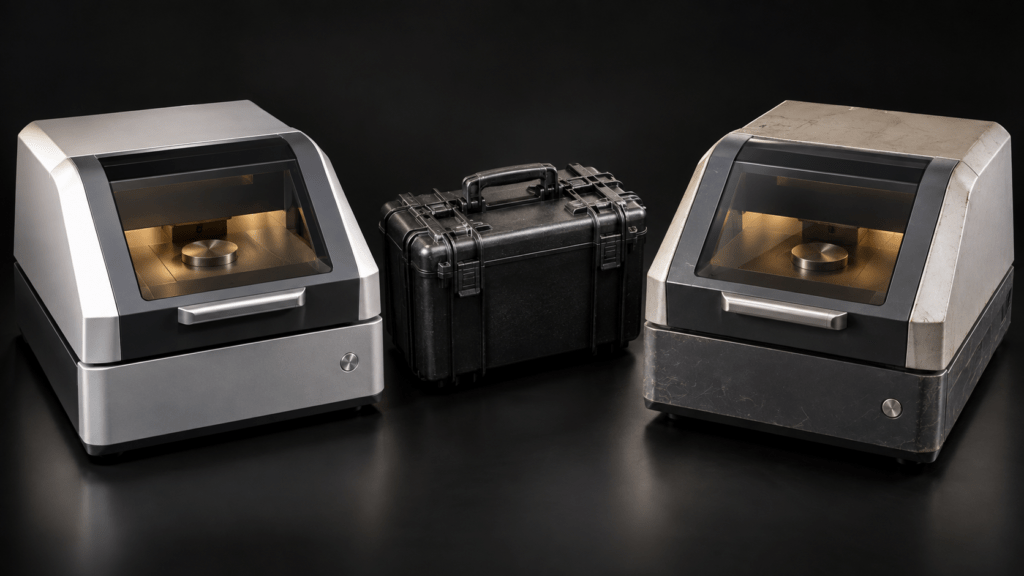 Illustration of new and lightly worn benchtop analyzers beside a service case.