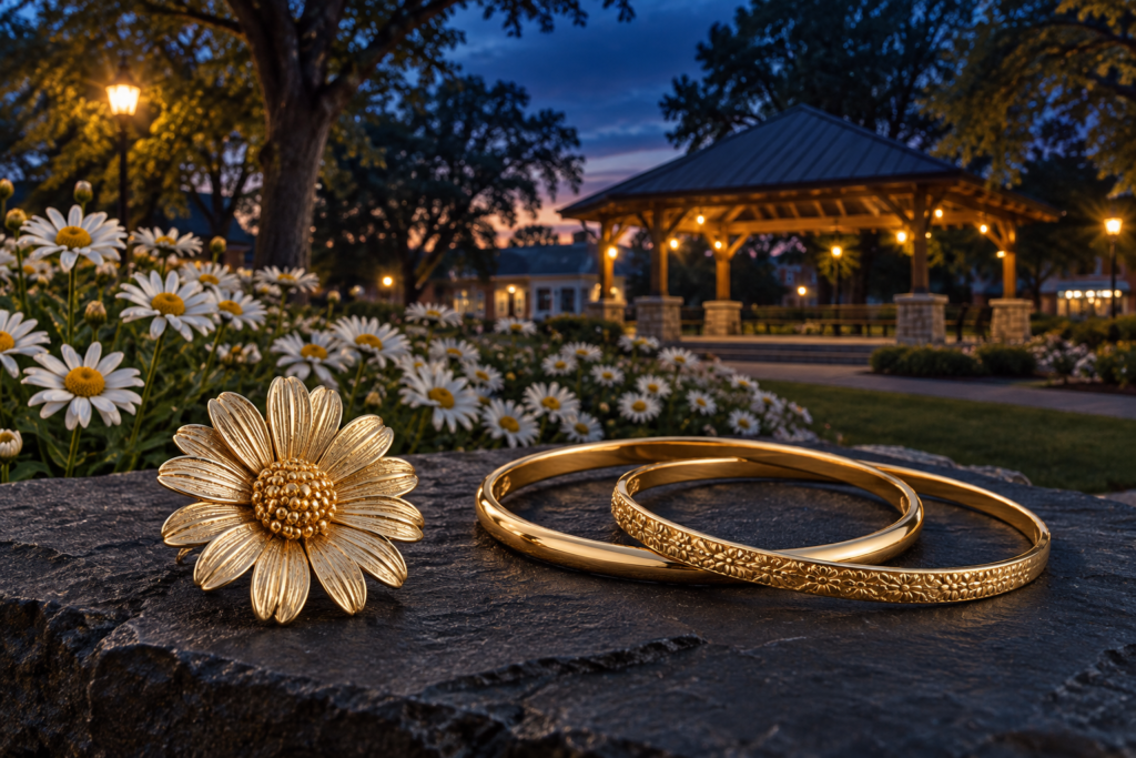 Gold daisy brooch and two bangles with a park garden inspired by Nicholson's Daisy Festival