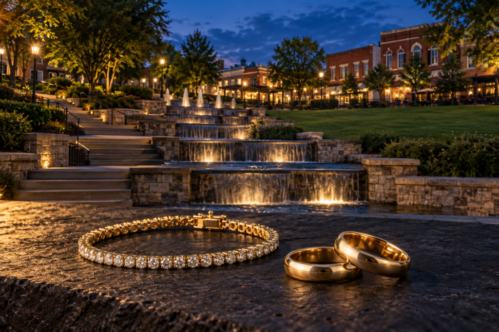Gold bracelet with clear stones and two rings with cascading fountains inspired by Norcross's Lillian Webb Park