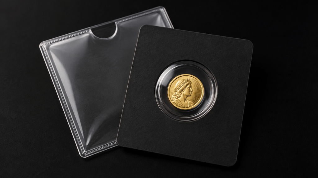 A tiny gold coin in protective blister packaging beside an empty sleeve.