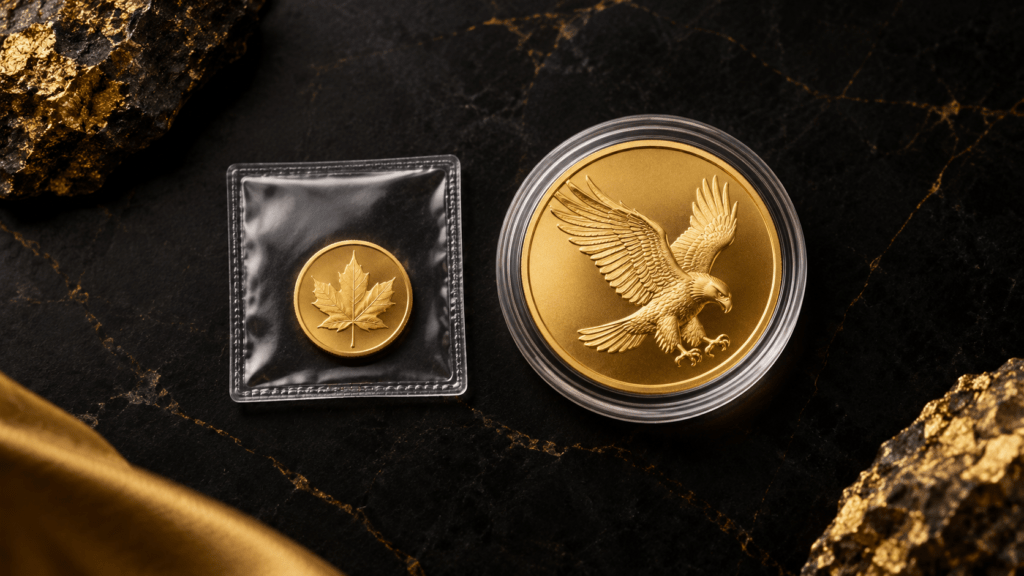 Illustration comparing a tiny packaged gold coin with a larger gold coin in a capsule.