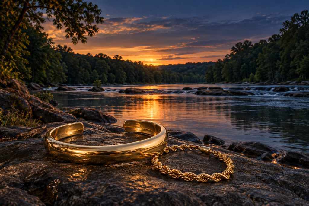 Gold cuff and rope bracelet beside a Chattahoochee River scene inspired by Peachtree Corners