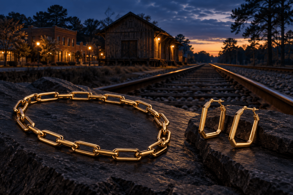 Gold paperclip-link chain and angular hoop earrings with a scene inspired by Pendergrass's railroad heritage