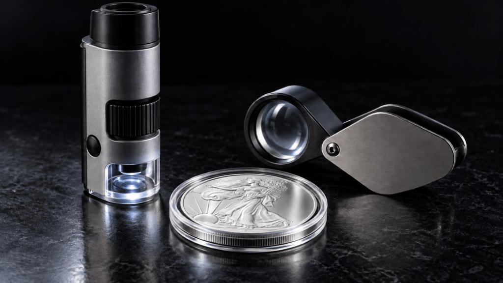 A pocket microscope and folding jeweler’s loupe beside a silver coin capsule.