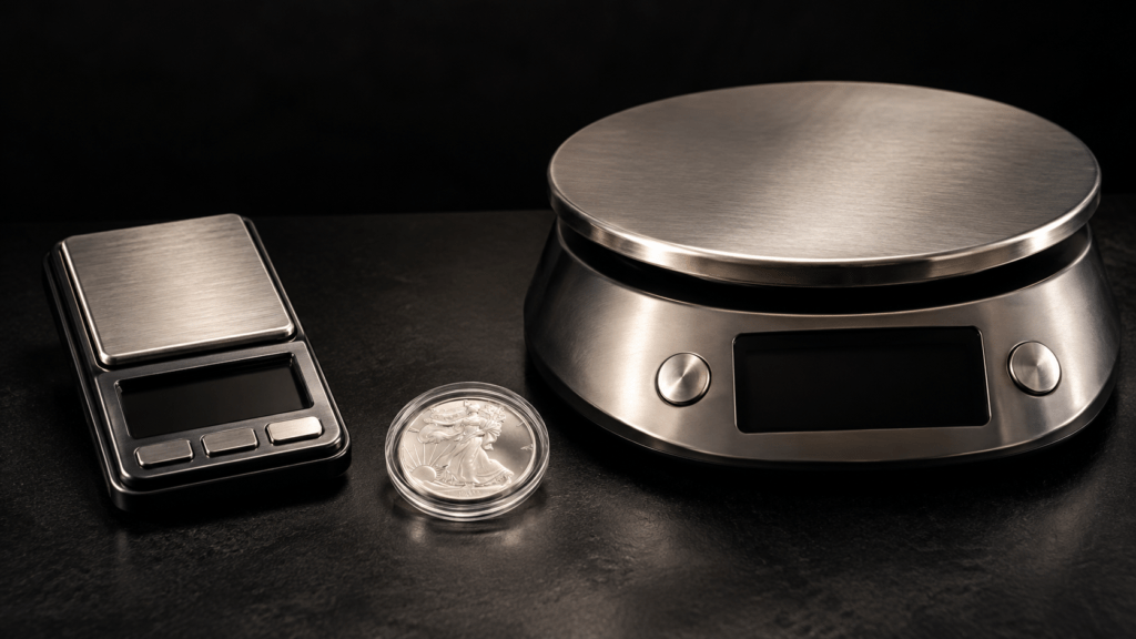 A pocket scale and a larger kitchen scale beside a silver coin capsule.