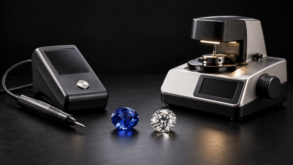 Illustration of two tabletop gemstone testers beside blue and clear gemstones.