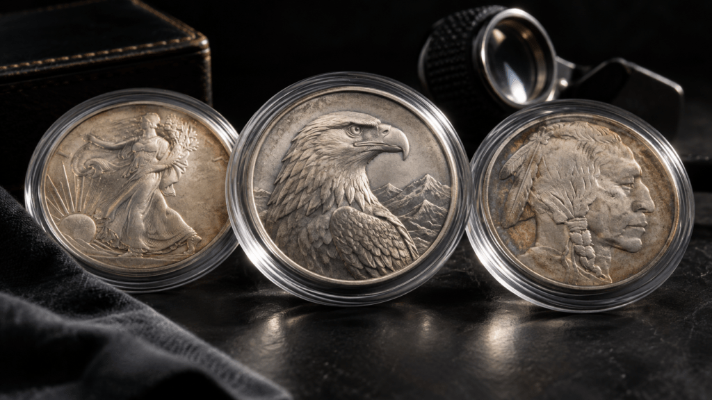 Silver coins with varying surface patina in capsules beside a jeweler’s loupe.