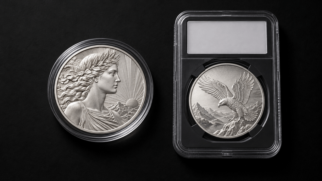 A silver coin in a round capsule beside another in a rectangular protective holder.