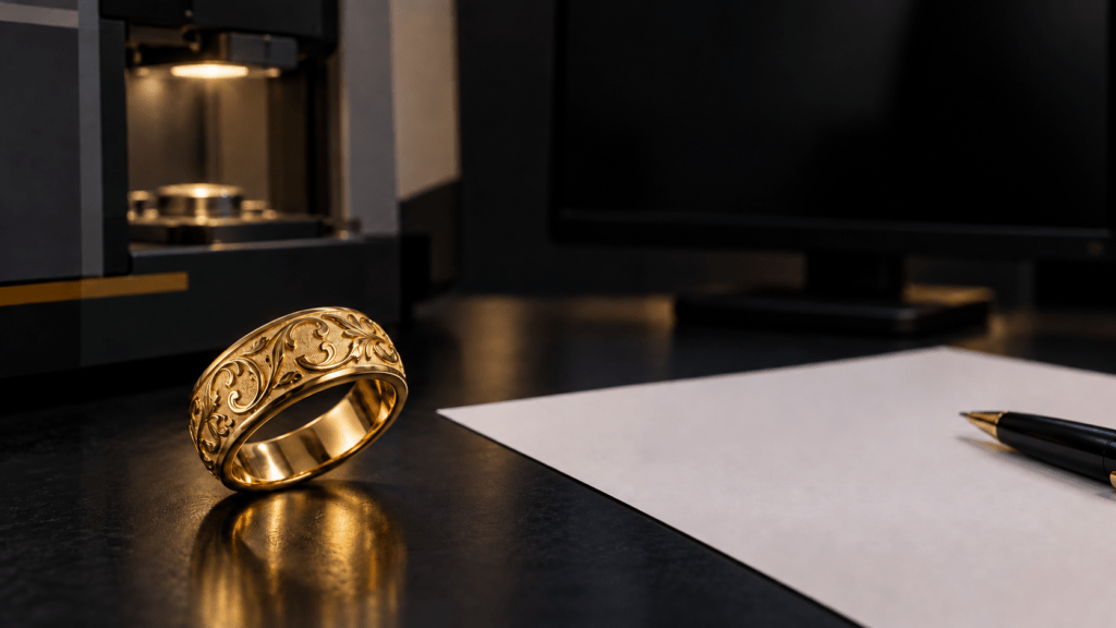 A gold ring beside a dark monitor and report sheet at an analysis workstation.