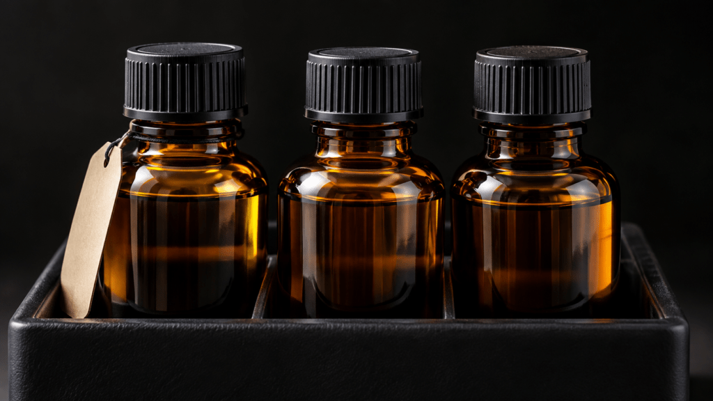 Tightly capped amber test-solution bottles stored in a dark tray.