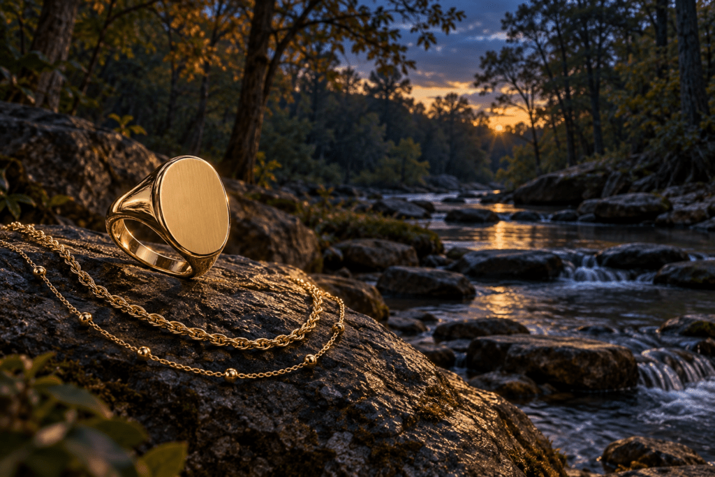 Gold signet ring and layered chains with a woodland creek inspired by Victoria Bryant State Park near Royston