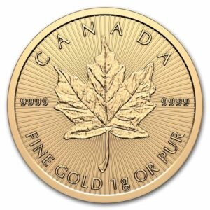Reverse of a Canadian one-gram Gold Maple Leaf coin showing the maple leaf and 9999 purity
