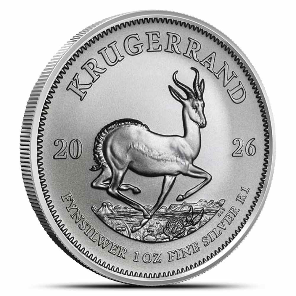 Reverse of a 2026 South African 1 oz Silver Krugerrand showing a springbok