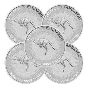 Five 2026 Perth Mint Australian Silver Kangaroo coins, each containing 1 oz of 9999 fine silver