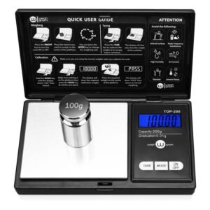 Weigh Gram TOP-200 digital pocket scale displaying 100.00g with a 100g calibration weight