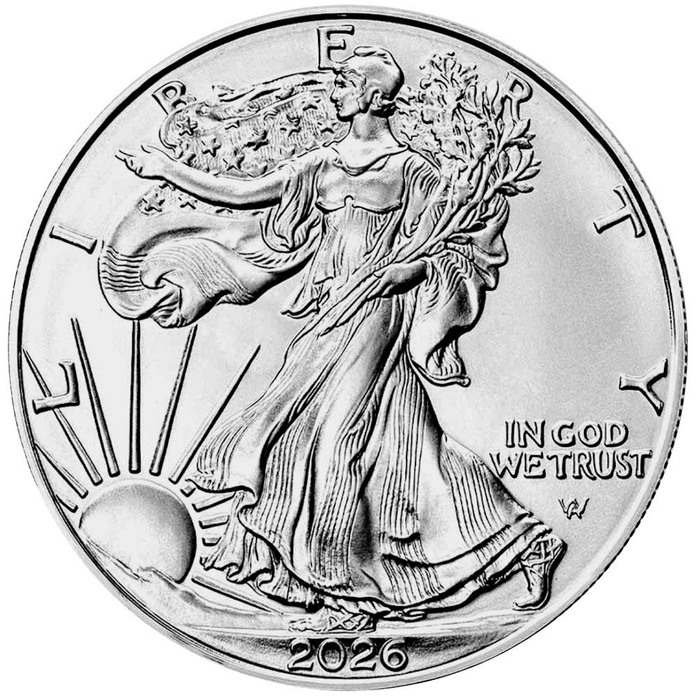 Obverse of a 2026 American Silver Eagle one-ounce coin showing Walking Liberty