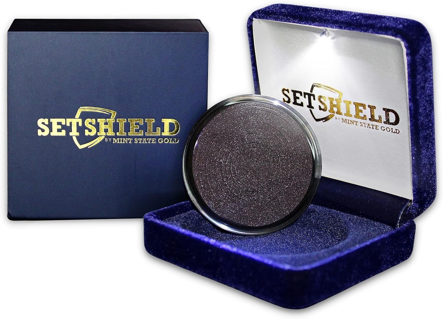 Blue SetShield LED-lit coin presentation box with an empty protective capsule and outer box