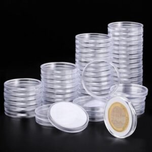 Utron 40mm clear coin capsules stacked on a dark background