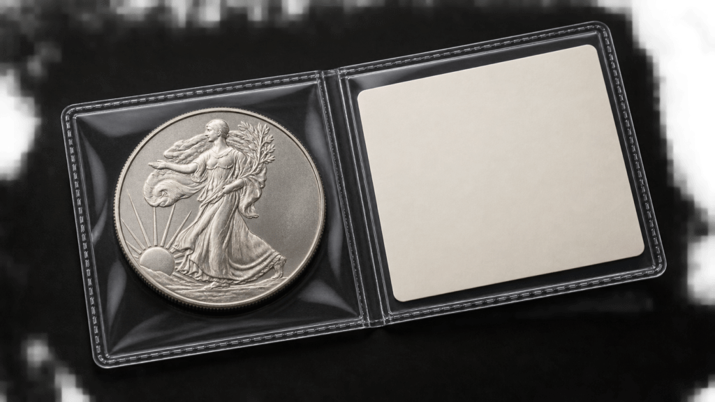 A silver-colored coin in one pocket of a clear flip beside a blank identification card.