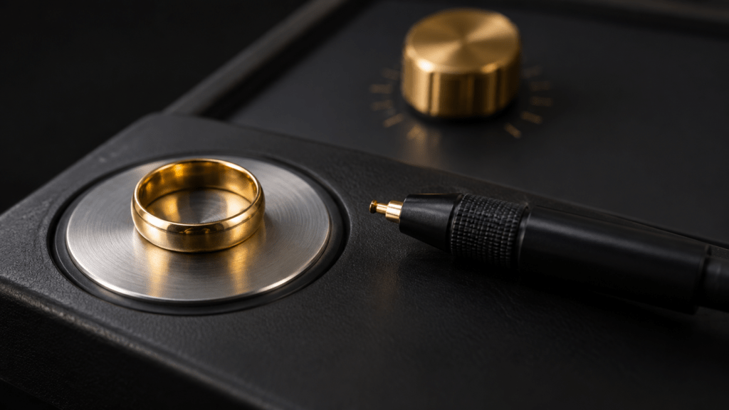 A gold reference ring and testing probe on an electronic tester’s contact pad.