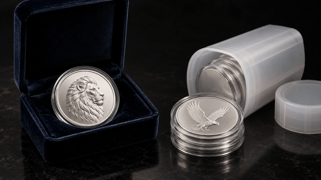 A silver coin in a velvet gift box beside a coin tube and stacked capsules.