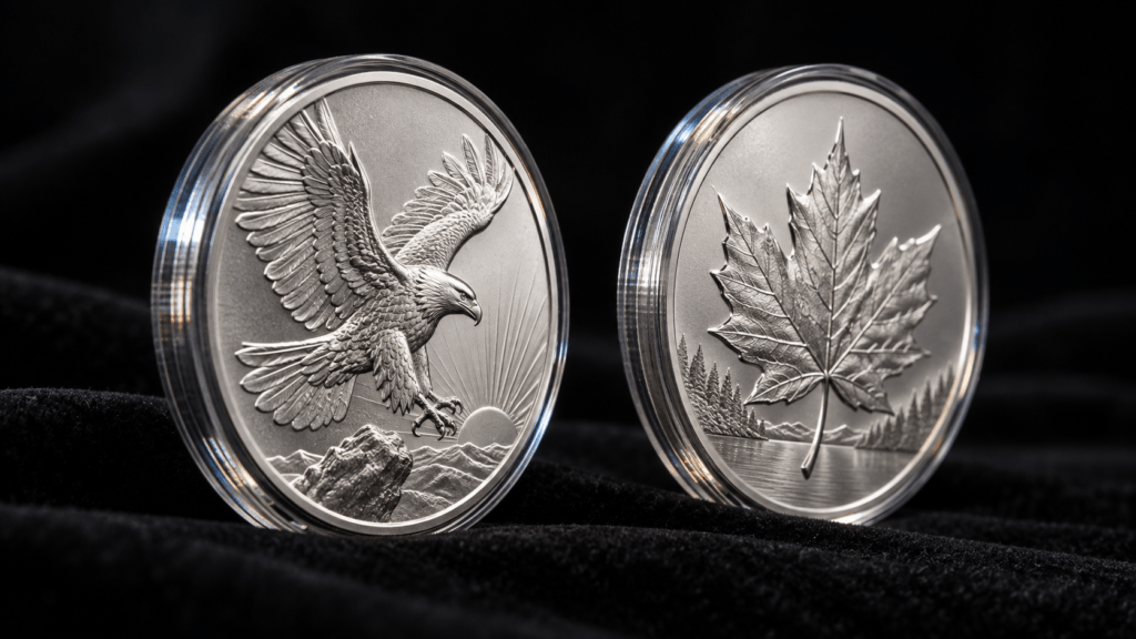 Illustration of silver coins with eagle and maple-leaf motifs in clear capsules.