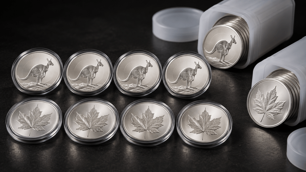 Illustration of silver coin multipacks with kangaroo and maple-leaf motifs beside coin tubes.