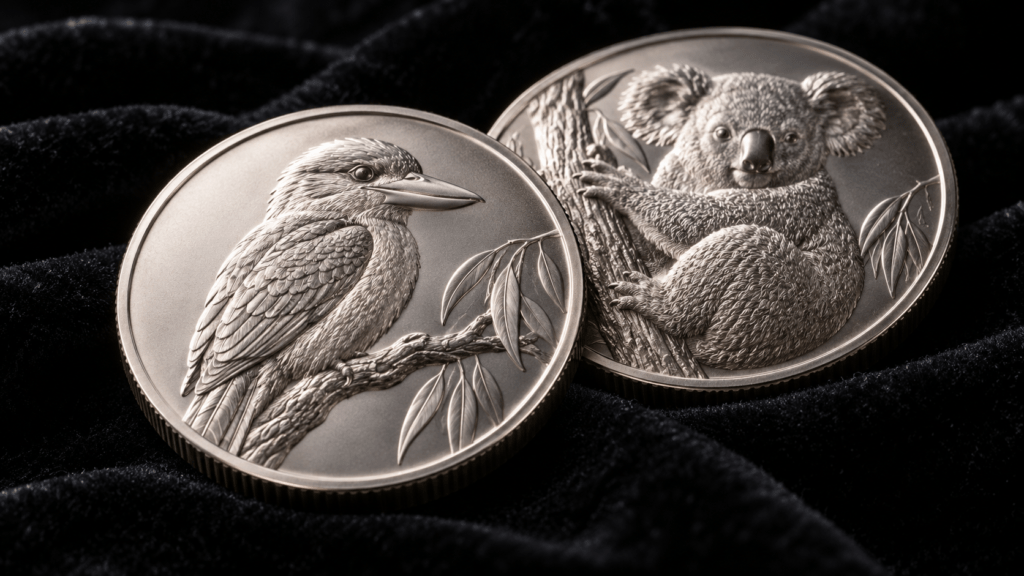 Illustration of silver coins with bird and koala motifs on black velvet.
