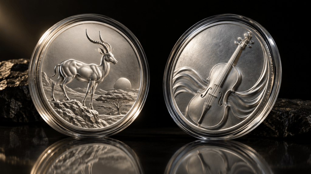 Illustration of silver coins with antelope and musical-instrument motifs in capsules.