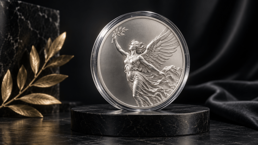 Illustration of a silver coin with a winged figure displayed in a clear capsule.