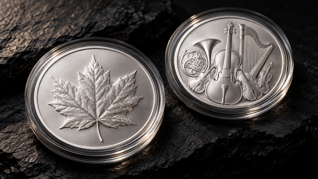 Illustration of silver coins with maple-leaf and musical-instrument motifs in capsules.