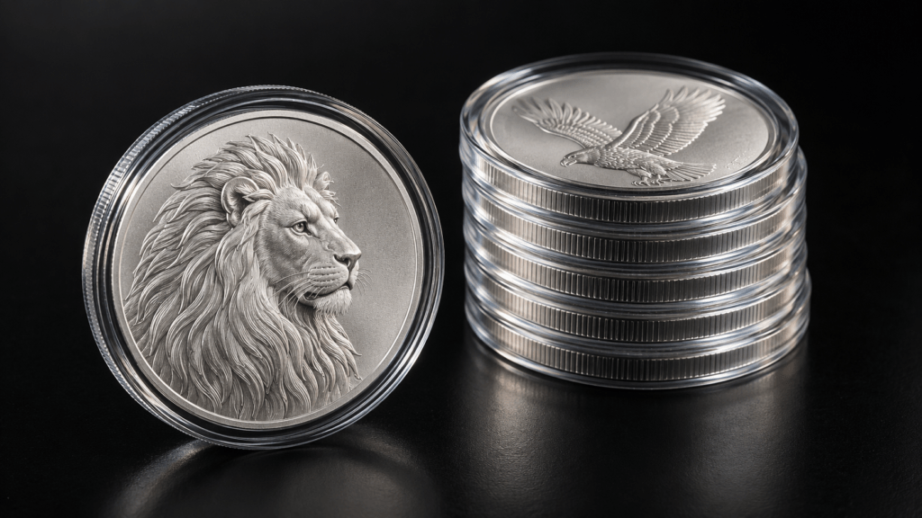 A single silver coin capsule beside a stack of matching capsules.