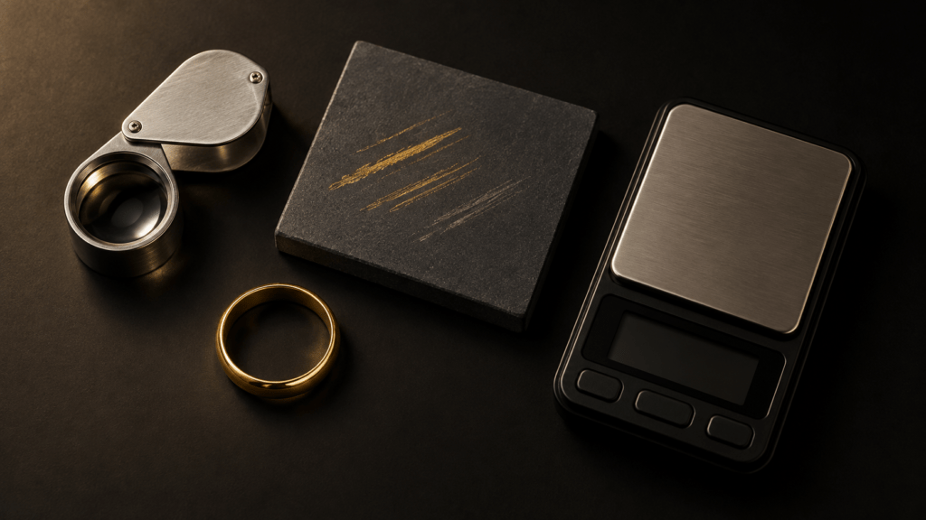 A starter gold-testing kit with a loupe, touchstone, compact scale and gold ring.