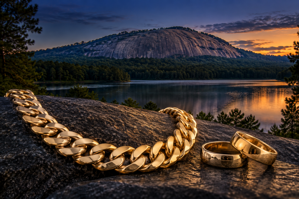 Gold Cuban-link necklace and two bands with Stone Mountain's granite dome above a lake at dusk