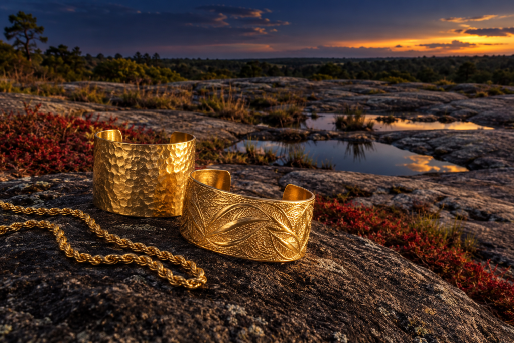 Textured gold cuffs and a chain with granite outcrops and rain pools inspired by Stonecrest's Arabia Mountain