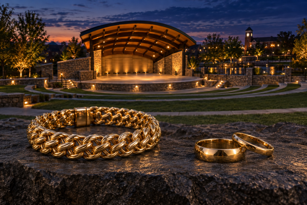 Gold woven bracelet and two rings with an amphitheater scene inspired by Sugar Hill's Bowl