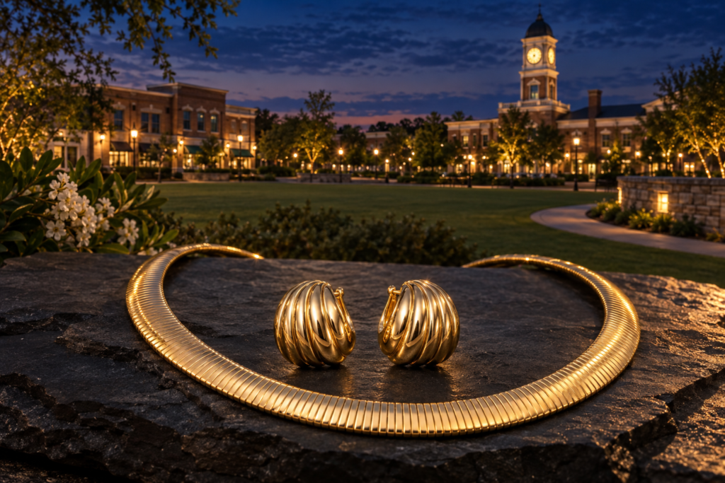 Gold omega necklace and domed earrings with a lawn and civic backdrop inspired by Suwanee Town Center