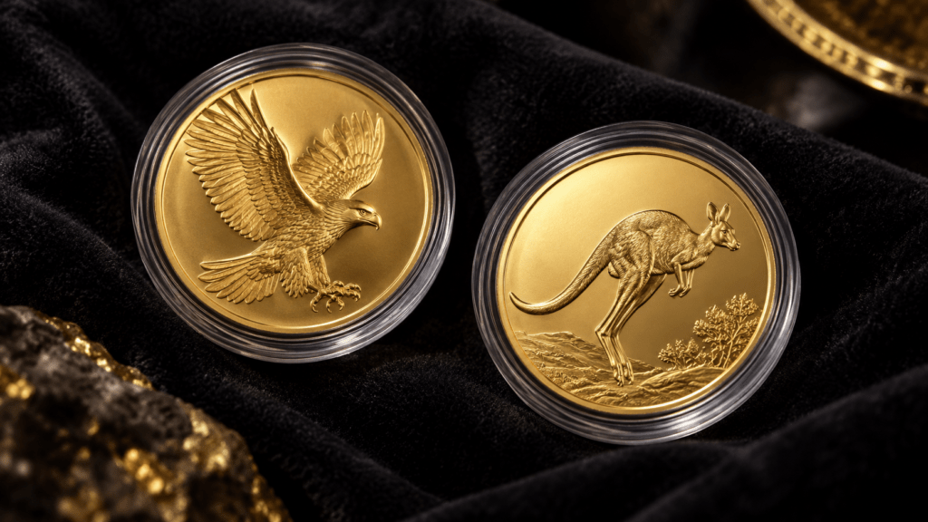 Illustration of small gold coins with eagle and kangaroo motifs in clear capsules.