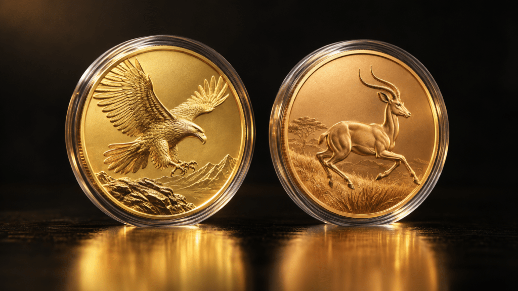 Illustration of small gold coins with eagle and antelope motifs in clear capsules.
