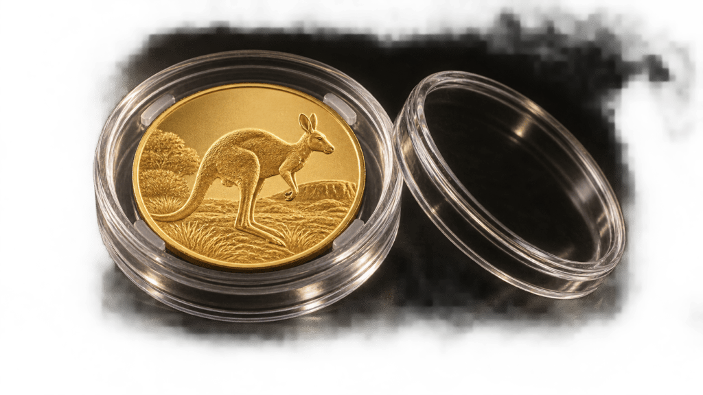 Illustration of a small gold coin with a kangaroo motif in an open clear capsule.
