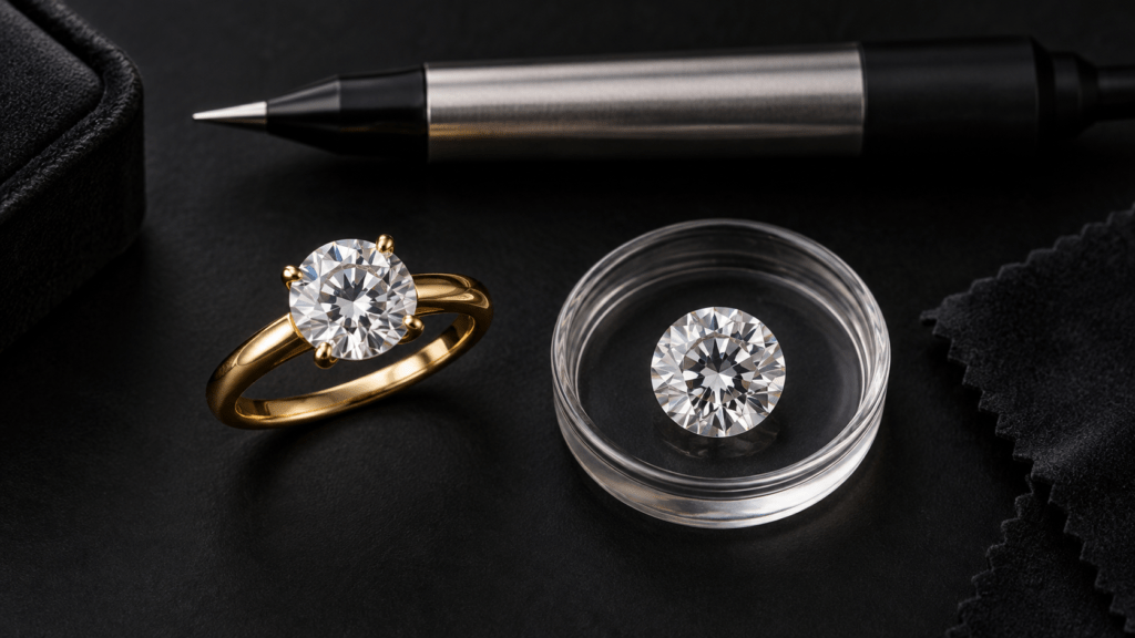 A gemstone ring and a loose clear gemstone in a dish beside a testing pen.